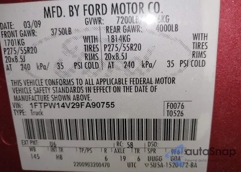 2009 Ford F-150 Lariat из США, поврежденный, VIN 1FTPW14V29FA90755